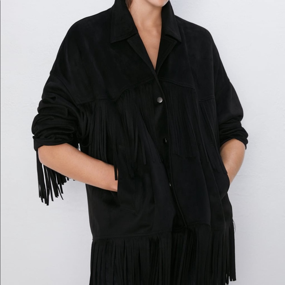 Zara fringe jacket black faux suede